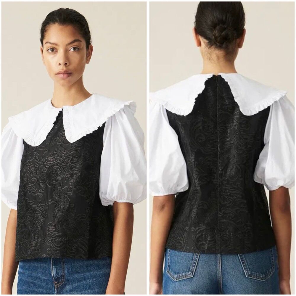 Ganni Peter Pan Collar Black And White Puff Sleeve Cropped Shirt Top Sz 34/S